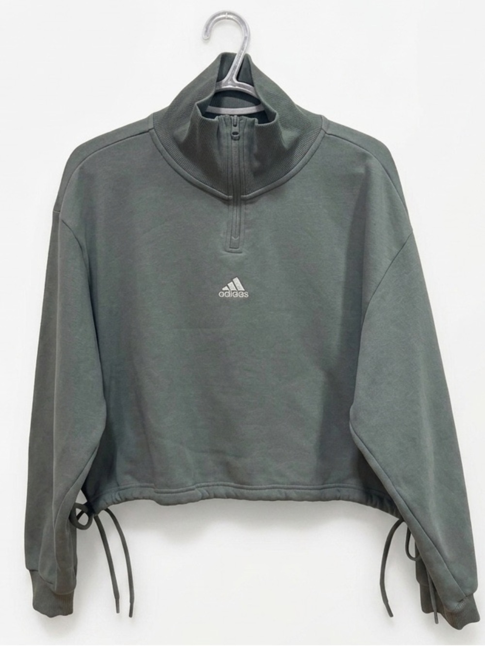 Adidas | Sage Green Cropped Half-Zip Sweatshirt with Drawstring Ties Hem